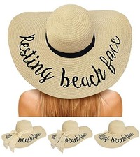 Beach Hats for Women, Floppy Straw Sun Hat Large Beige resting Beach Face 