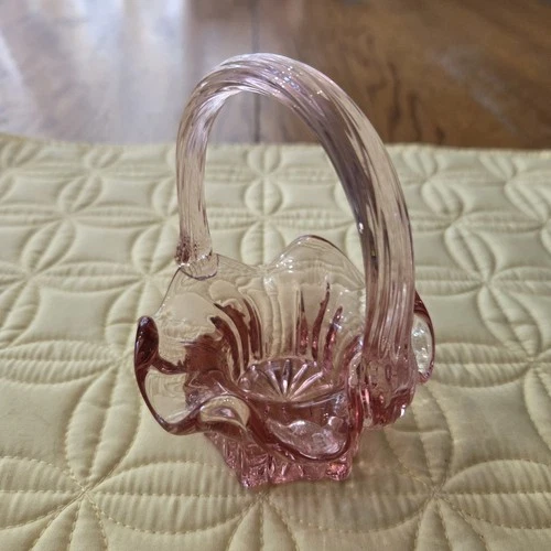 Vintage Fenton Mini Pink Glass Ruffled Basket.