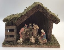 Vintage Boże Narodzenie Szopka Stajnia Scena Zestaw Pudełko 7 sztuk Polyresin & Drewno