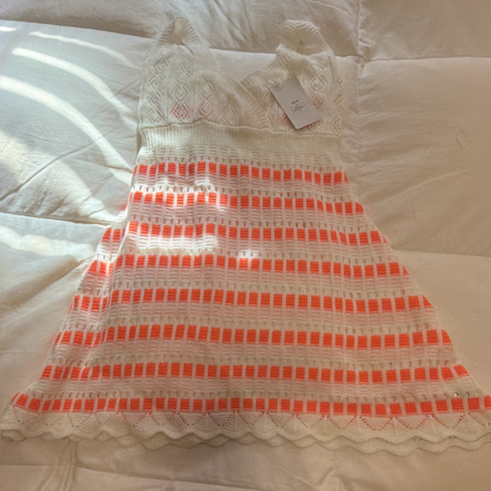 Knit Mix White Orange Striped Crochet Accents Sleeveless A-Line Dress Size L