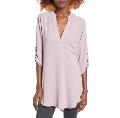 Lush Lavender V-Neck Lightweight Roll Tab Sleeve Tunic Medium