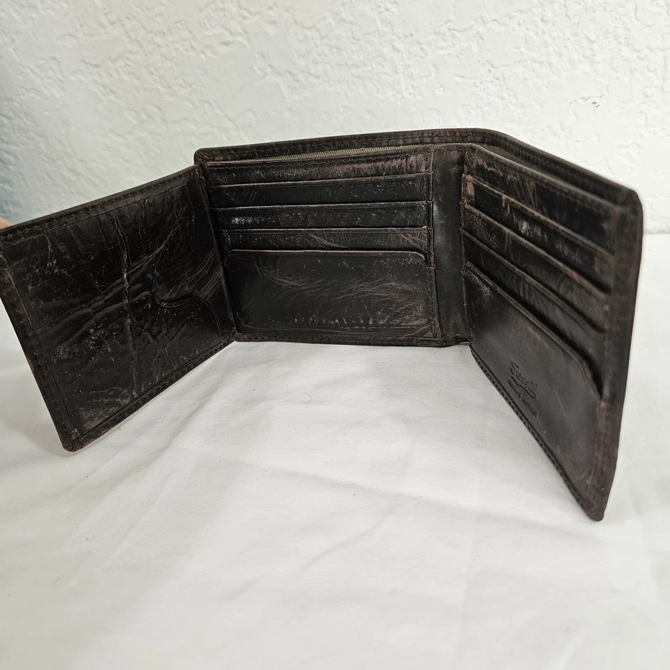 Cartera plegable vintage Fossil de cuero genuino marrón para hombre Foto 3 de 4