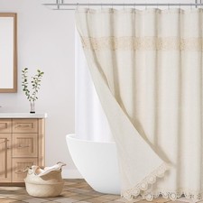 Boho Farmhouse Shower Curtain Set Linen Cotton Fabric Shower Curtain W/ Macrame