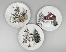 Pottery Barn Christmas In The Country SALAD Plates Set Of 3 Holiday Snowman NWOB