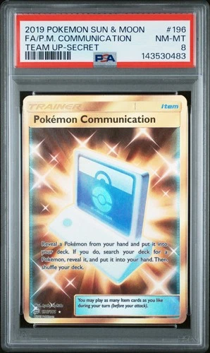 2019 POKEMON SUN & MOON TEAM UP SECRET #196 FULL ART/POKEMON COMMUNICATION PSA 8