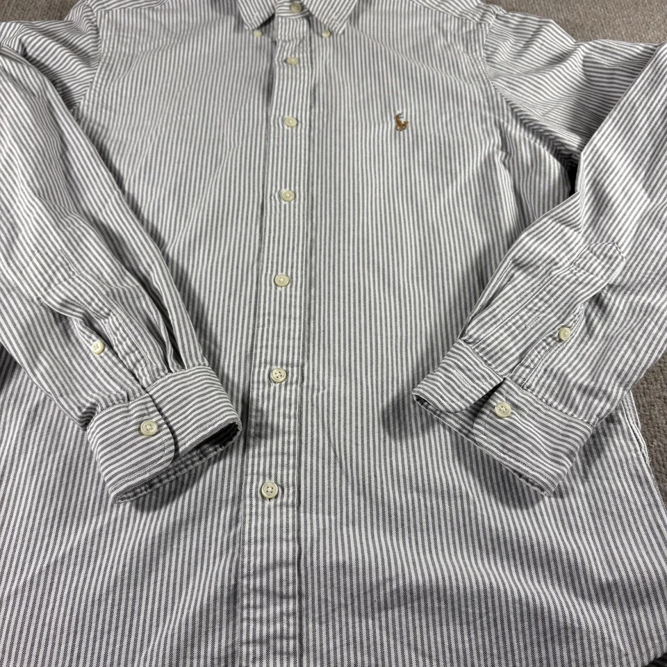 Camisa Polo Ralph Lauren Para Hombre Pequeña Gris Blanca Rayas Con Botones Calce Clásico Foto 2 de 4