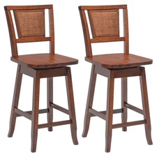 Set of 2 Swivel Bar Stools Counter Height Rubber Wood Pub Chairs w/ Rattan Back