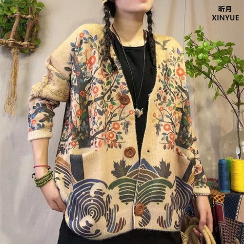 Damen Faux Nerz Samt Pullover Herbst Winter Vintage Print V-Ausschnitt Kragen - Bild 10 von 35