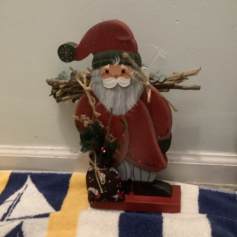 Handpainted Tole Style-Country-Folk Art-Rustic Wood Santa w/ Kindling-Signed-13”
