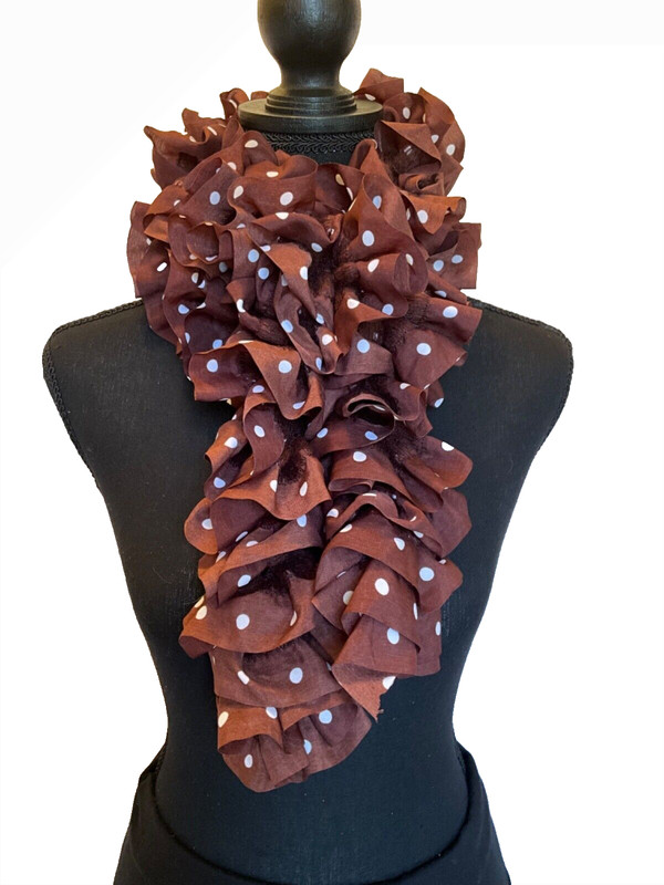 Ob.D. Handmade, Hand Knit Brown w/White Polka Dot Florence Ruffle Dress Scarf