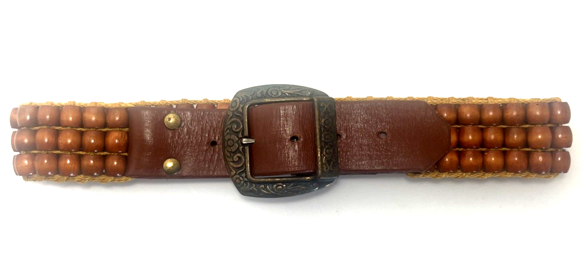 XXS/KIDS Authentic 70s Vintage brown beaded Genuine Leather Belt