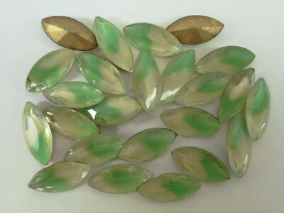 24 Vintage Glass Rhinestones Green/Beige Givre Faceted TTC Foiled PB 15x7mm B4-7