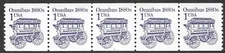 US Stamp #2225 1c.  Omnibus Coil Strip of 5 Plate #3 Shiny Gum MNH