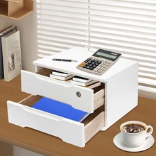 Wooden Desk Organizer 2 Drawers Tabletop Storage Cabinet Box for Office White
