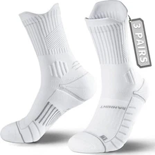 Coolmax Compression Running Socks 3 Pairs, Cushion Crew Socks, 6-9, White 