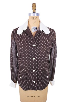 Vintage 1960s Brown Polka Dot Top Sheer Sleeve Blouse B 39