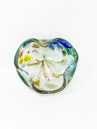 Murano Art Glass Ashtray Bowl Aventurine With Millefiori Design Vintage Italian