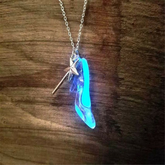 Cinderella Glass Slipper Necklace with Magic Wand and Luminous Pendant