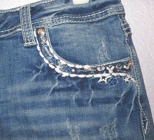 Grace In LA Bling Star Jean Shorts Size 30 Embroidered Sequins Distressed Fringe - Picture 8 of 11