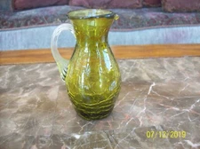 Smoked Green Crackle Glass Small Blown Vintage Ribbed Handled Pitcher