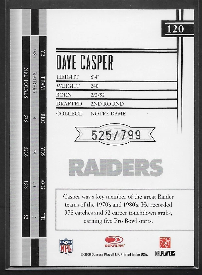 2006 Leaf Limited #120 Dave Casper #'d/799 - Image 2 of 2