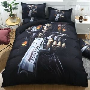 Skull Skeleton Gun Duvet Cover Pillowcase Set Cool Bedding Gothic