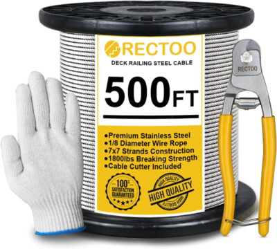   RECTOO 500FT 1/8 Stainless Steel Cable, Aircraft Cable for Deck Railing, 7 x 7