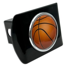 BASKETBALL EMBLEM ON BLACK METAL USA MADE TRAILER HITCH COVER