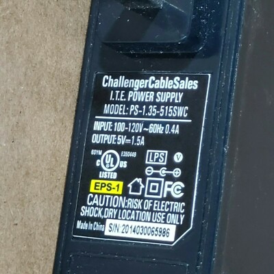 PS-1.35-515-SWC100-120V,60HZ, 0.4A; OUTPUT 5V, 1.5A, EPS-1-ADAPTER (16107-J/34)