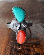 Vintage Turquoise Coral Native American Sterling Silver 2 Stone Ring Size 7