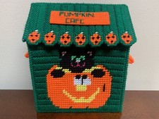 Vintage Halloween Black Cat Pumpkin Cafe Plastic Canvas Yarn Needlepoint