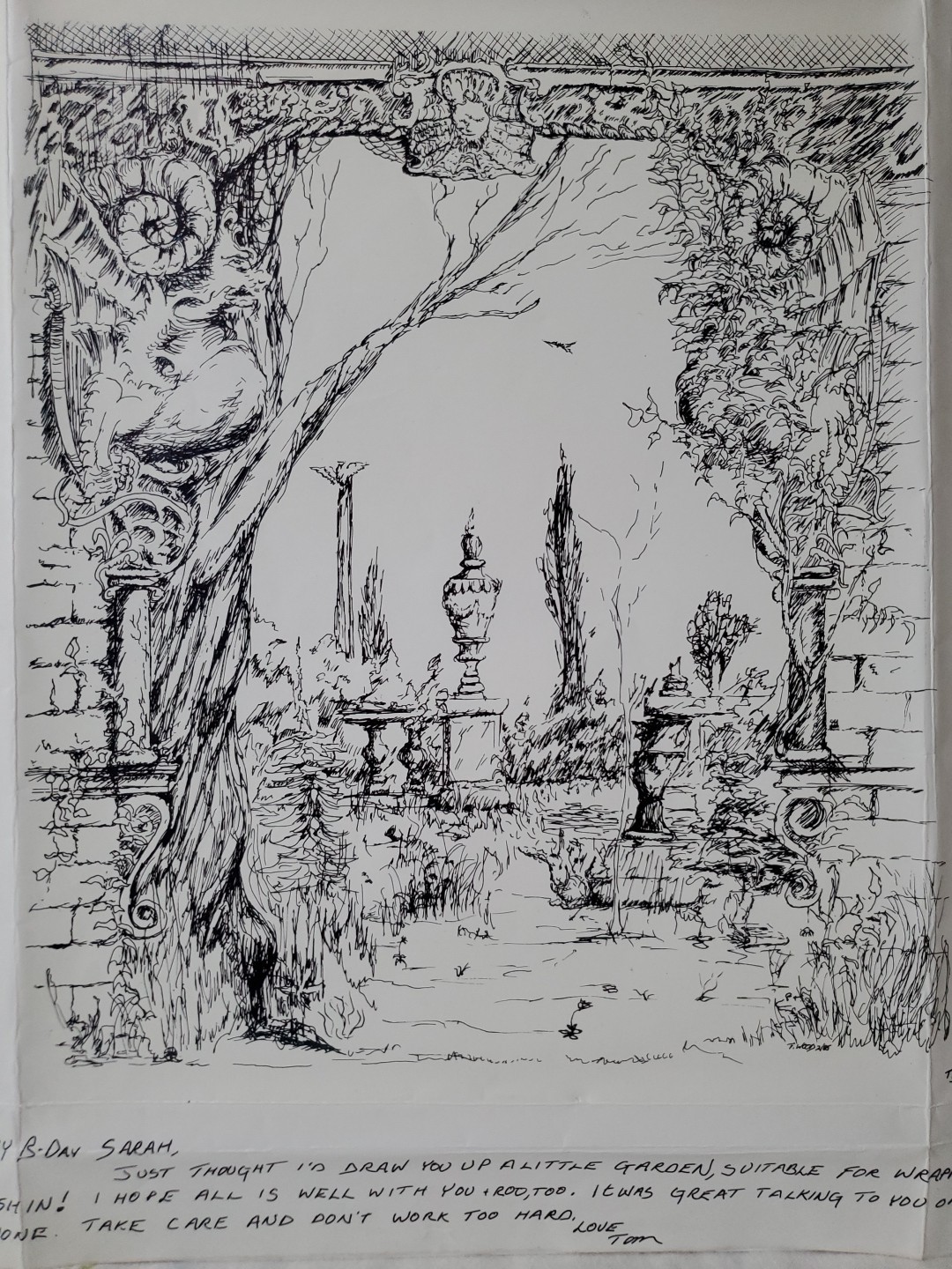 Tom Wood Original Pen-And-Ink Drawing Art THE GARDEN GATE With Handwritten Note
