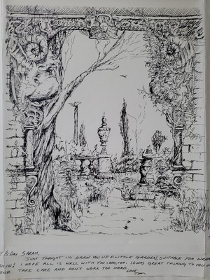 Tom Wood Original Pen-And-Ink Drawing Art THE GARDEN GATE With Handwritten Note
