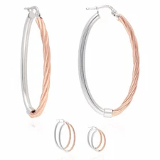 White Rose Gold Tone Over 925 Silver Half Shiny Half Twisted Oval Hoop Earrings