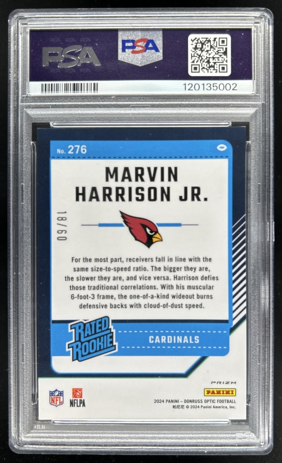 2024 Panini Donruss Optic Marvin Harrison Jr. Purple Rated Rookie #/60 PSA 9 view 2