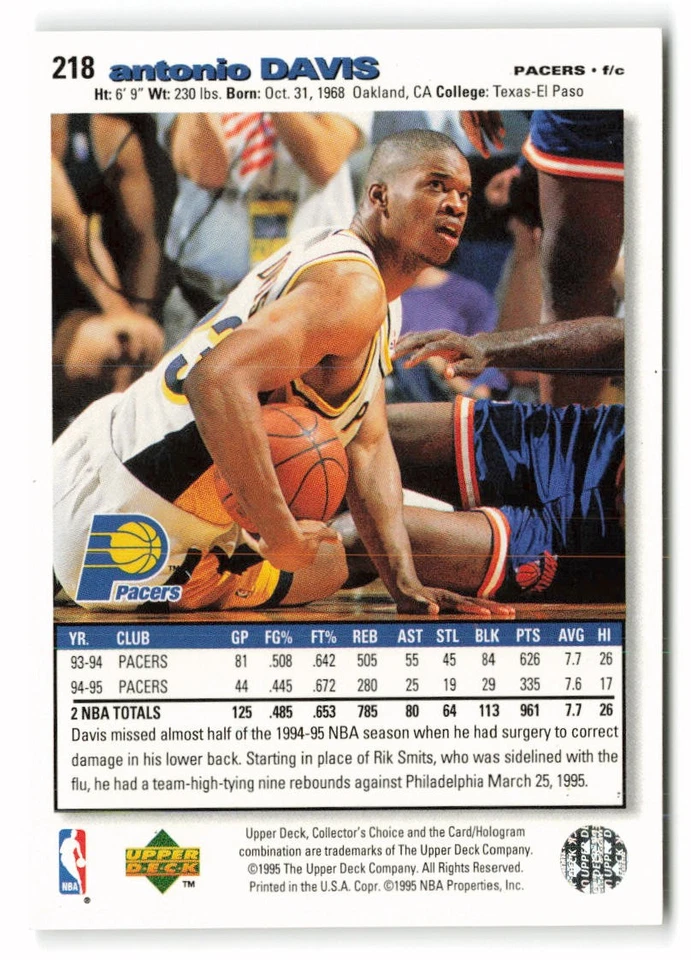 1995-96 Collector's Choice #218 Antonio Davis Indiana Pacers - Image 2 of 2