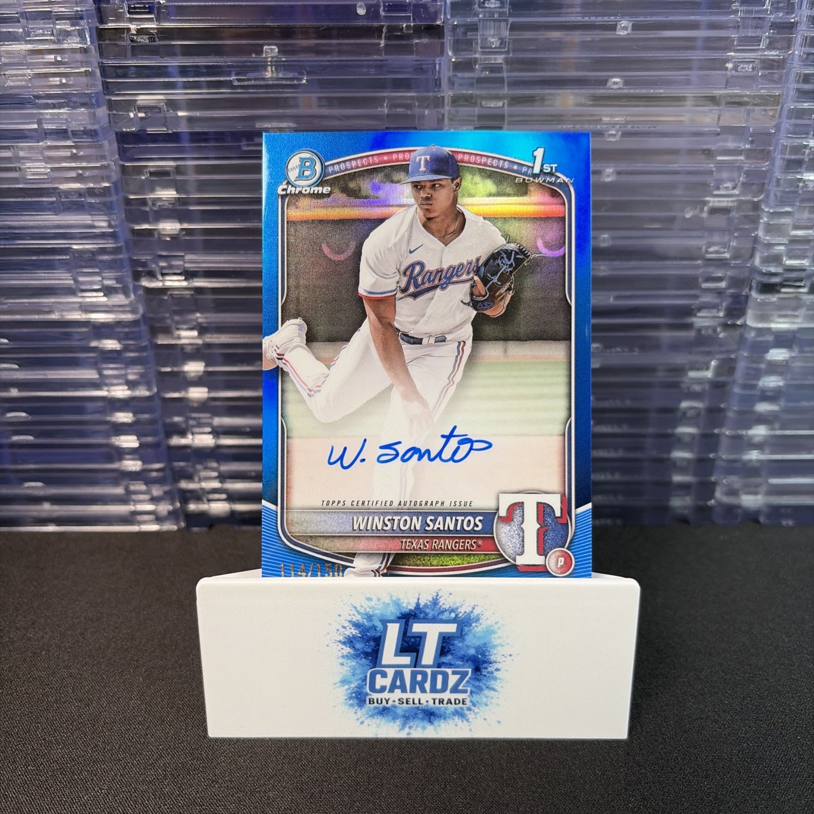 2025 1st Bowman Chrome Winston Santos /150 True Blue Refractor Auto Rangers RC