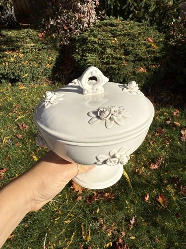 Rare Antique 1866 Handmade Italy Lidded Pedestal Bowl Dish Floral White 7”X6”