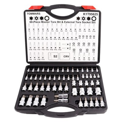 60-Pc Torx Bit Socket Set - 1/4'', 3/8'', 1/2'' Drive, S2 Steel, CRV Sockets E4-E24