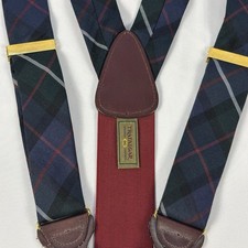 Vtg Trafalgar Silk Navy Plaid Suspenders Button Braces Y Back Leather Ends