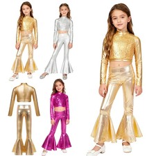 US YiZYiF Girls Jazz Dance Costume Outfits Crop Top with Shiny Flared Pants