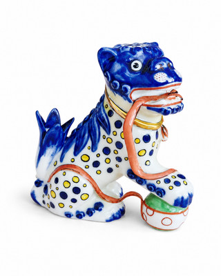 Vista Alegre Foo Dog / Shishi Porzellanfigur Wächterlöwe handbemalt Gold selten