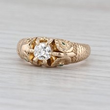 Antique 0.40ct Old Mine Cut Diamond Soliaire Engagement Ring 14k Gold Emeralds