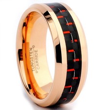 Rose Plated Tungsten Carbide Ring Wedding Band Black Red Carbon Fiber