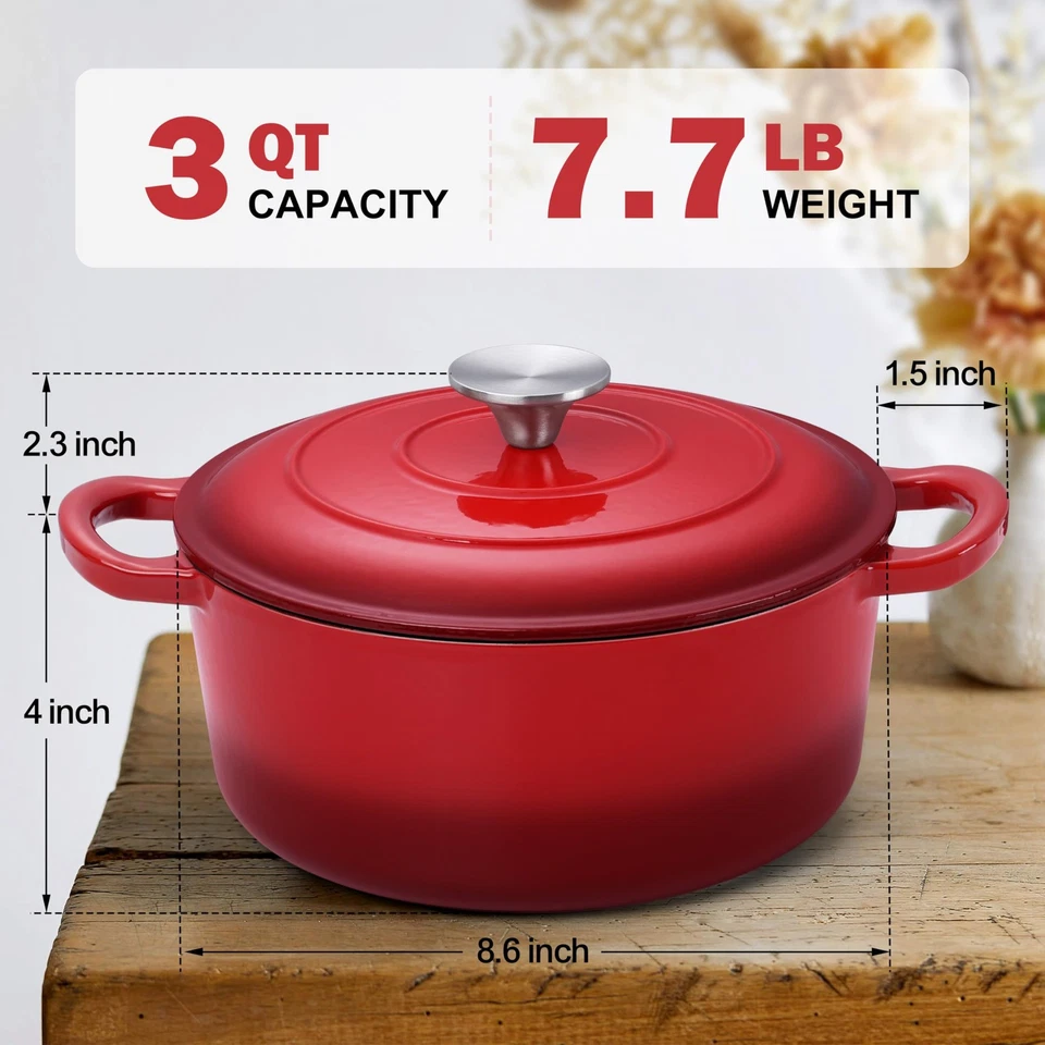 Small 3 Quart Dutch Oven, Round Cast Iron Cooking Pot with Lid, Nonstick Enam... - Image 2 of 4