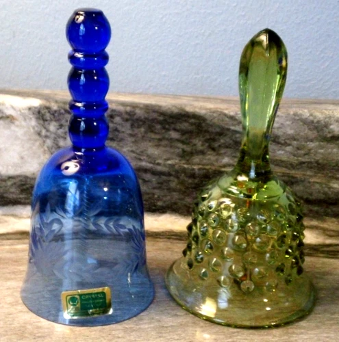 Lausitzer Glas Cobalt Blue Hand Etched & Fenton Green Hobnail Bells