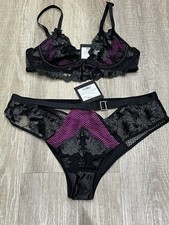 Ann Summers Vivienne Black Pink Fishnet Bra & Brazilian Brief 34C 12 - Retro