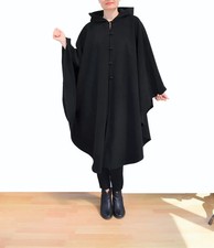 Ladies Black Wool Cashmere Cloak, Long Hooded Cape