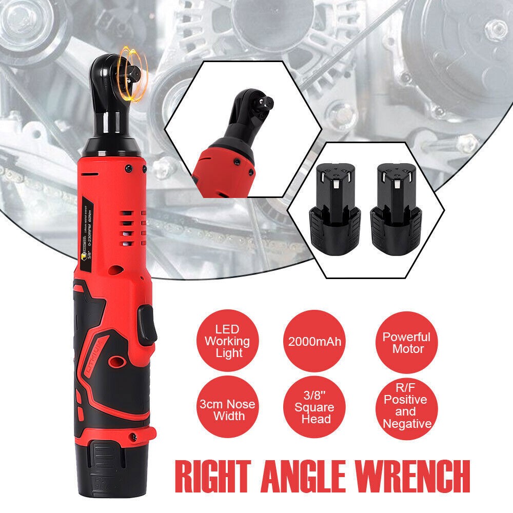 Electric Cordless Ratchet 3/8" Right Angle Wrench Impact Power Tool 2 Batteries