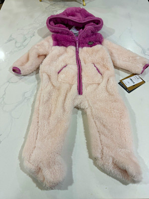 Eddie Bauer Hooded Fleece Zip One-Piece Coverall Colorblock Pink Purple 6-9M